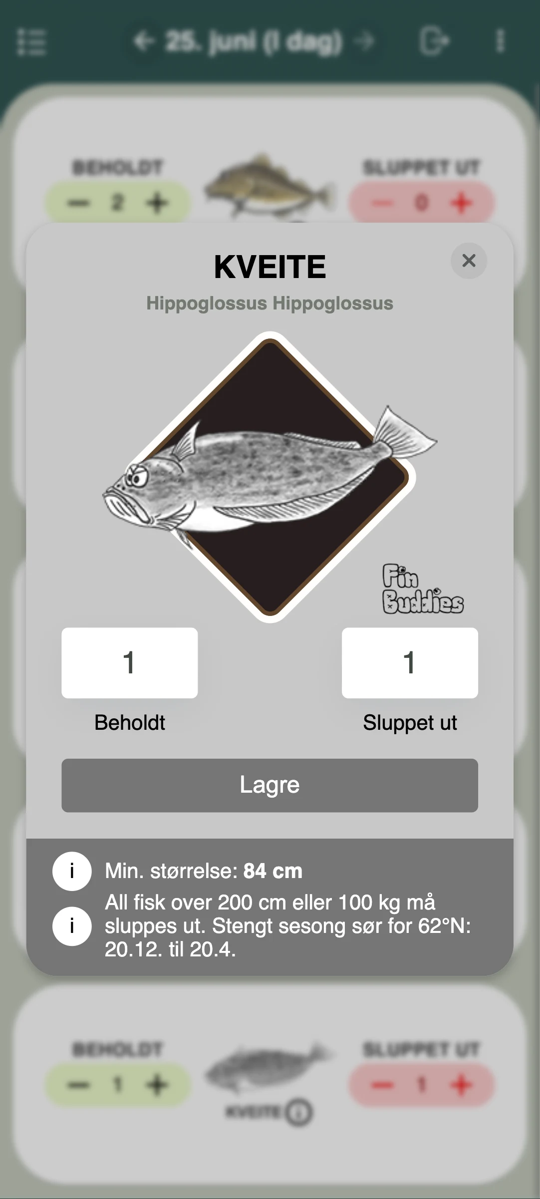 FishReg — infopopup med fredningstid og minstemål for fisk